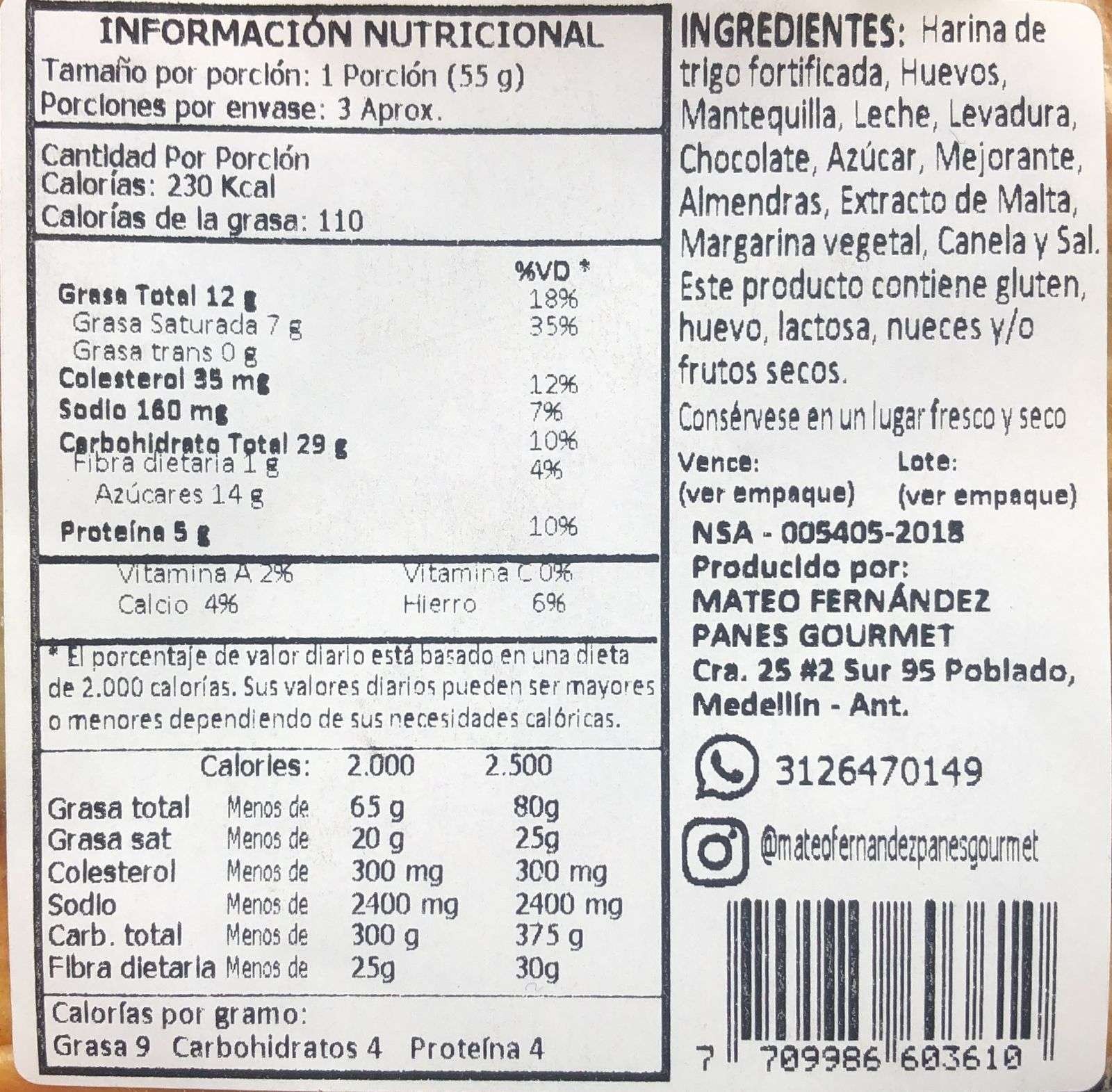 TABLA NUTRICIONAL Croissant de Chocolate blanco 165gr