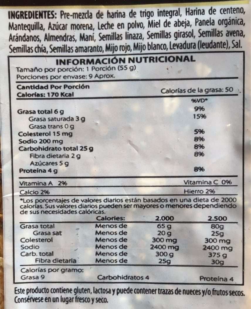 TABLA NUTRICIONAL Pan de Centeno con arándanos 600gr