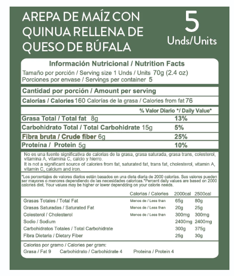 Información Arepas quinua rellena queso de búfala 5 und