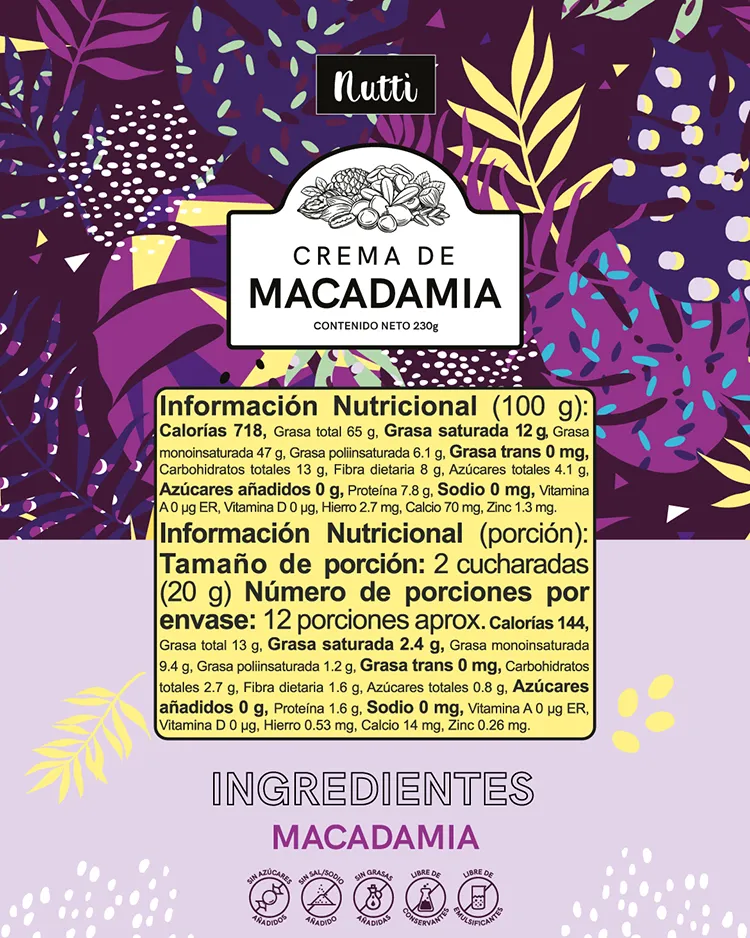 Información Nutricional Mantequilla Macadamia Cremosa 100gr- Nutti