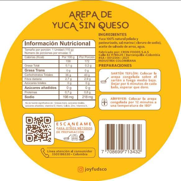 Información Nutricional Arepas de Yuca sin Queso 5und - JOYFUDS