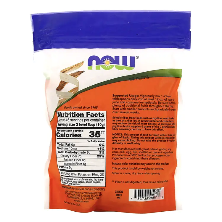 NOW Psyllium Husk Whole - Fibra 16oz tabla nutricional